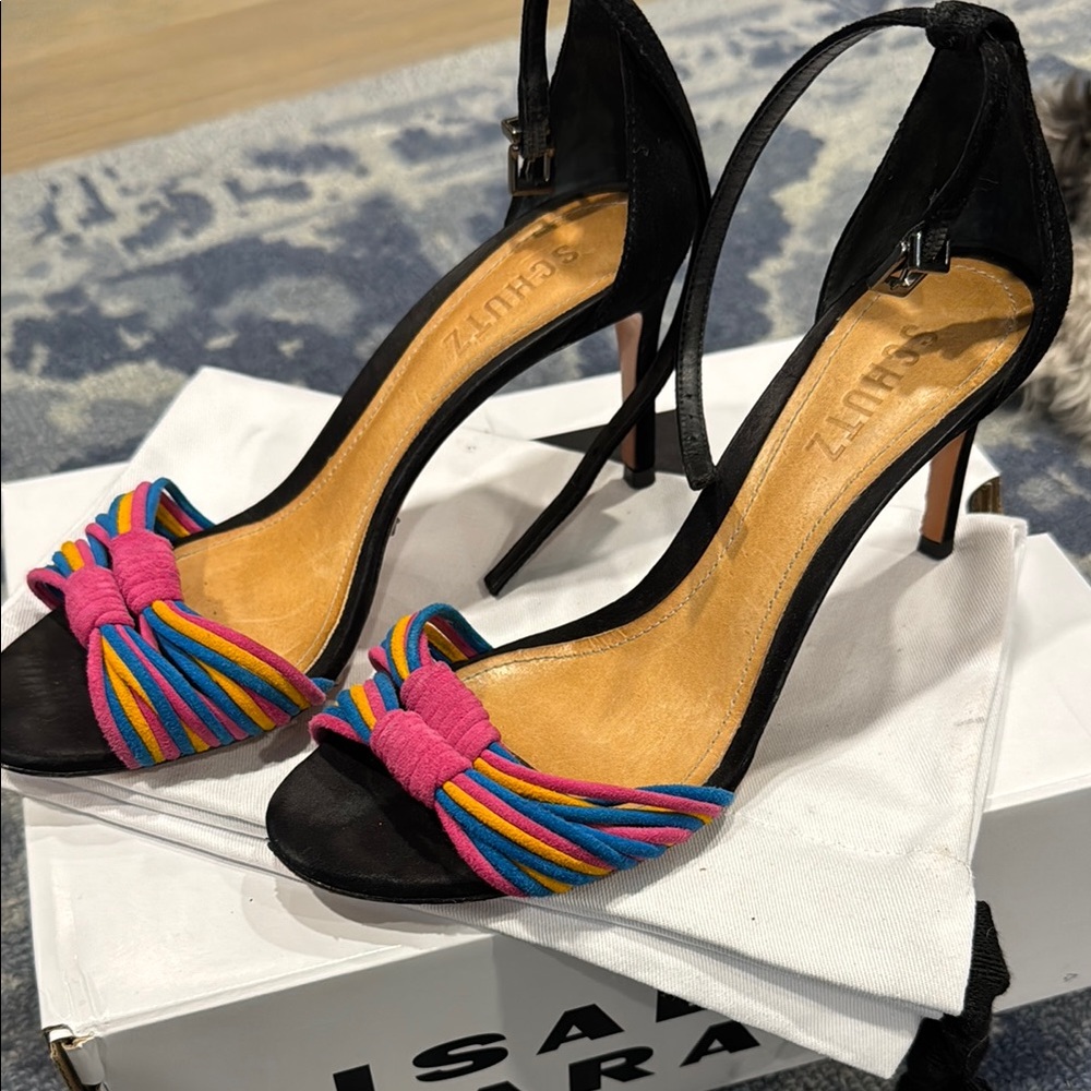 SCHUTZ Black and Red Stiletto Heels with Vibrant Accents